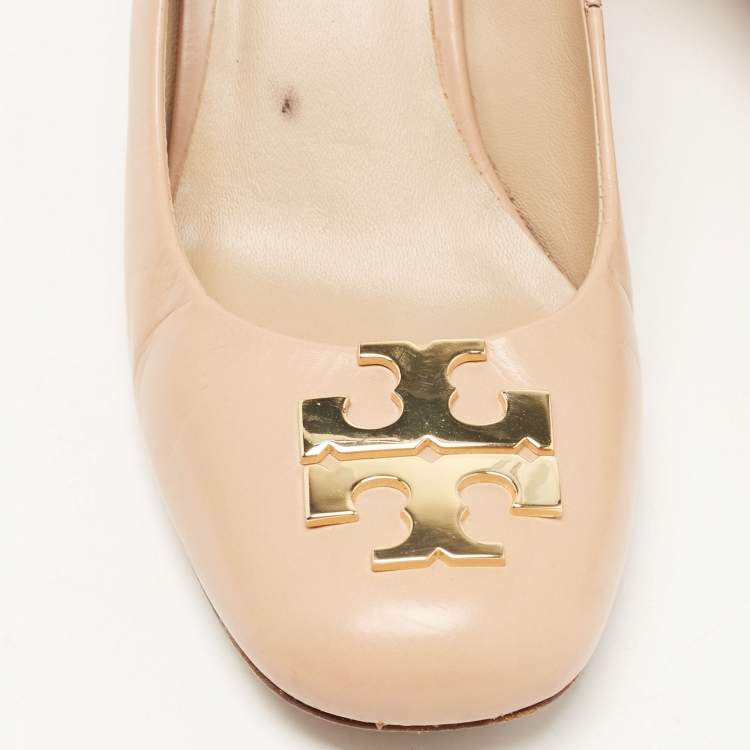 مملوكة مسبقًا Tory Burch Beige Leather Lowell Wedge Pumps Size 38.5