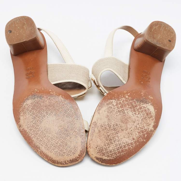 مملوكة مسبقًا Tory Burch Off-white/Grey Leather And Canvas Lowell Sandals Size 37.5