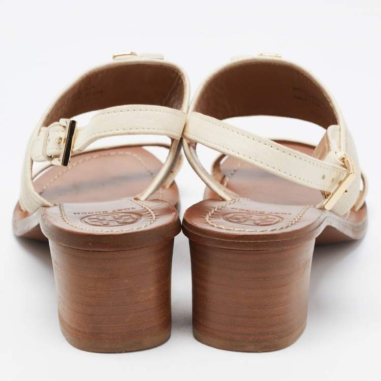 مملوكة مسبقًا Tory Burch Off-white/Grey Leather And Canvas Lowell Sandals Size 37.5