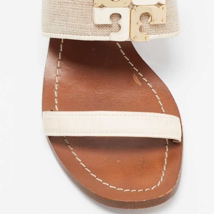 مملوكة مسبقًا Tory Burch Off-white/Grey Leather And Canvas Lowell Sandals Size 37.5