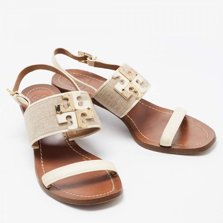 مملوكة مسبقًا Tory Burch Off-white/Grey Leather And Canvas Lowell Sandals Size 37.5