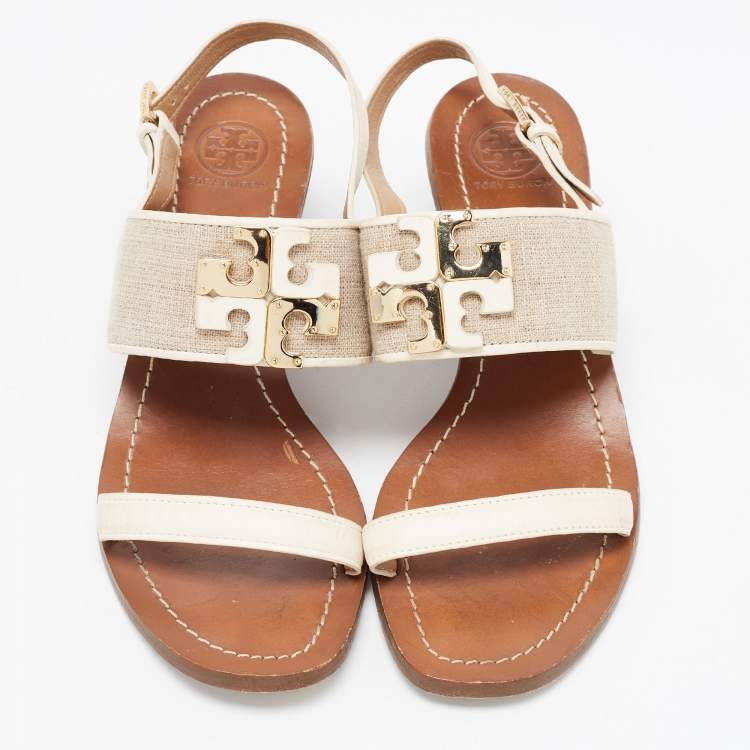 مملوكة مسبقًا Tory Burch Off-white/Grey Leather And Canvas Lowell Sandals Size 37.5