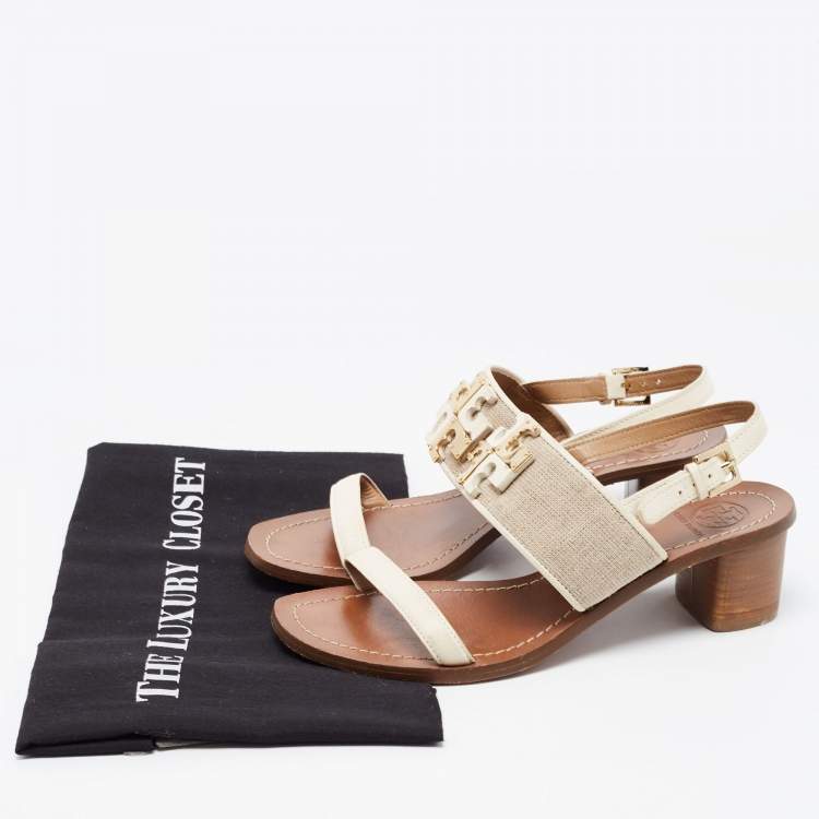 مملوكة مسبقًا Tory Burch Off-white/Grey Leather And Canvas Lowell Sandals Size 37.5
