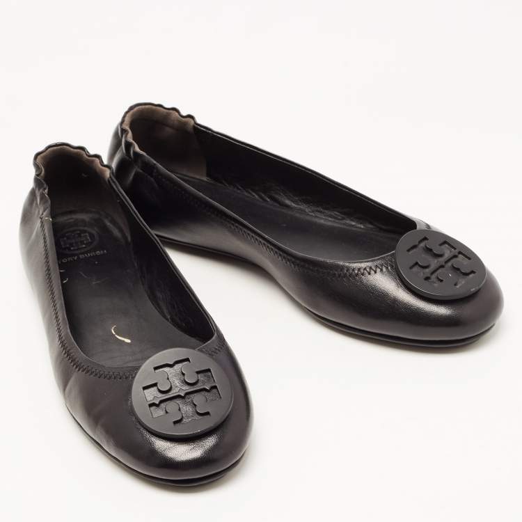 Pre Owned Tory Burch Navy Blue/Beige Leather and Woven Fabric Reva Ballet Flats Size 39