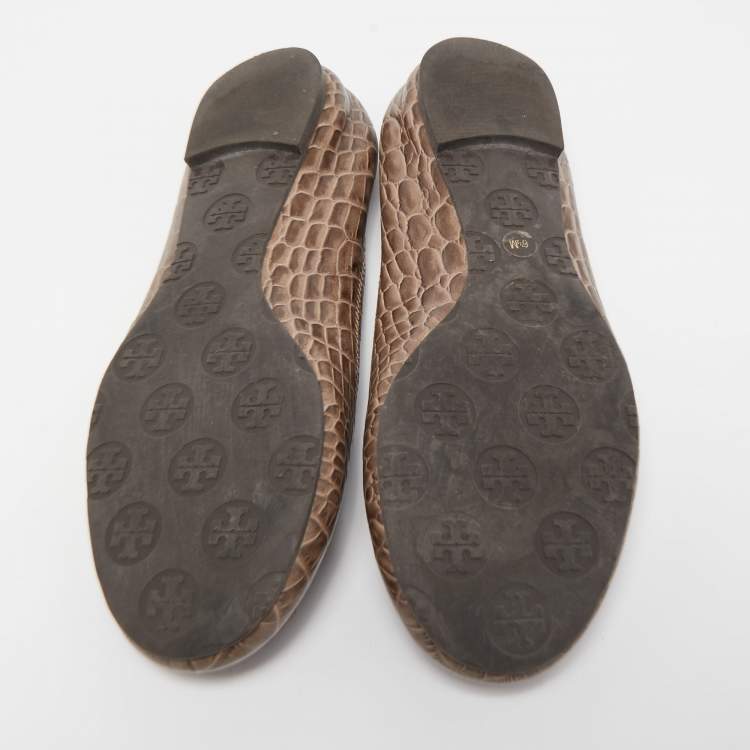 Pre Owned Tory Burch Brown Croc Embossed Leather Reva Ballet Flats Size 37