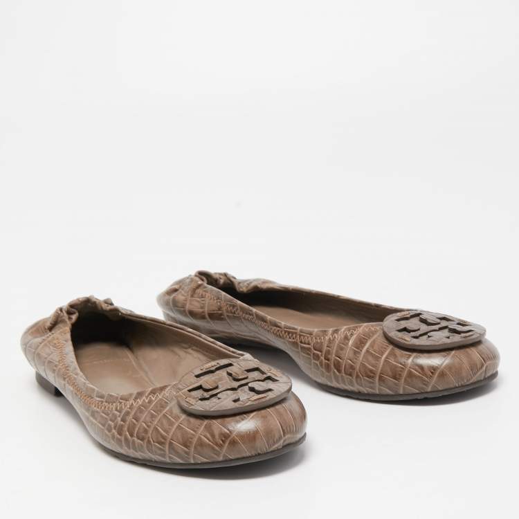 Pre Owned Tory Burch Brown Croc Embossed Leather Reva Ballet Flats Size 37