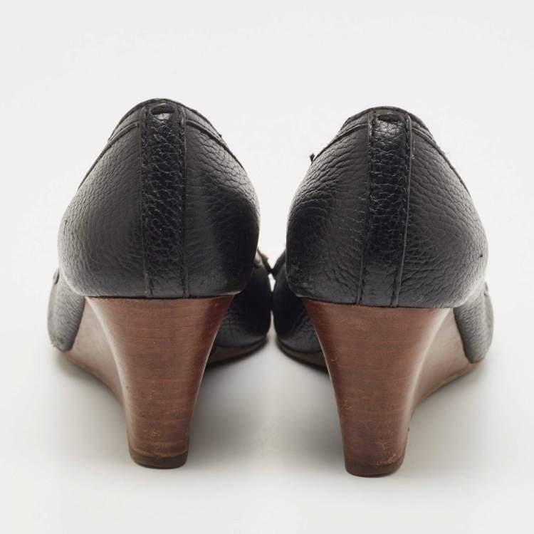 Pre Owned Tory Burch Black Leather Sally Wedge Pumps Size 39.5