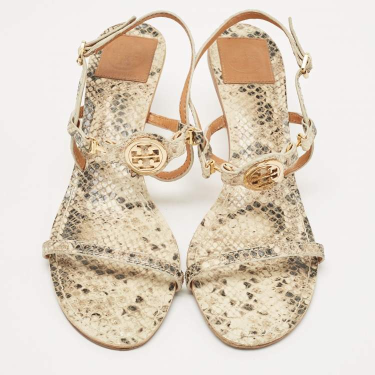 Pre Owned Tory Burch Beige/Black Python Embossed Ankle Strap Sandals Size 39.5