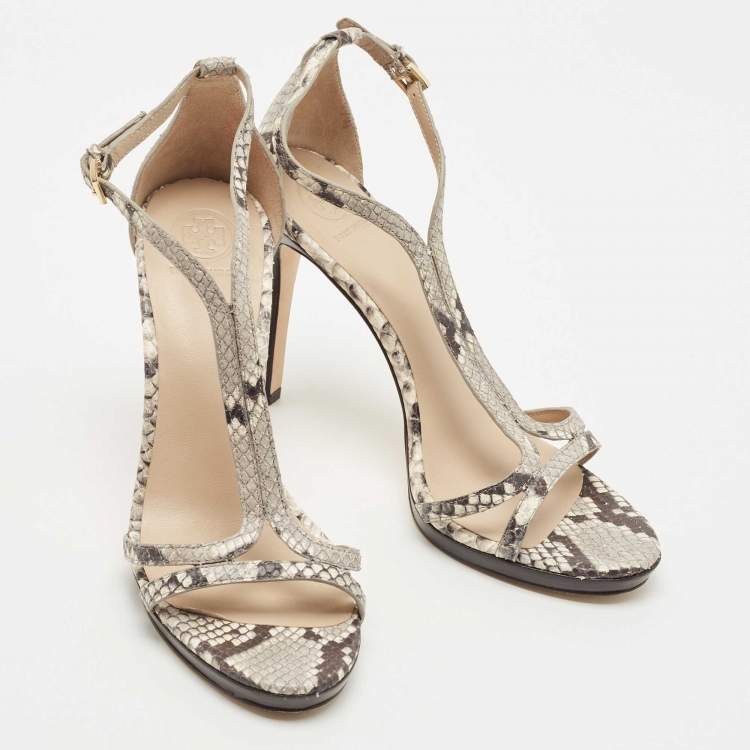Pre Owned Tory Burch Grey/Black Python Embossed Leather Shelley Sandals Size 38.5