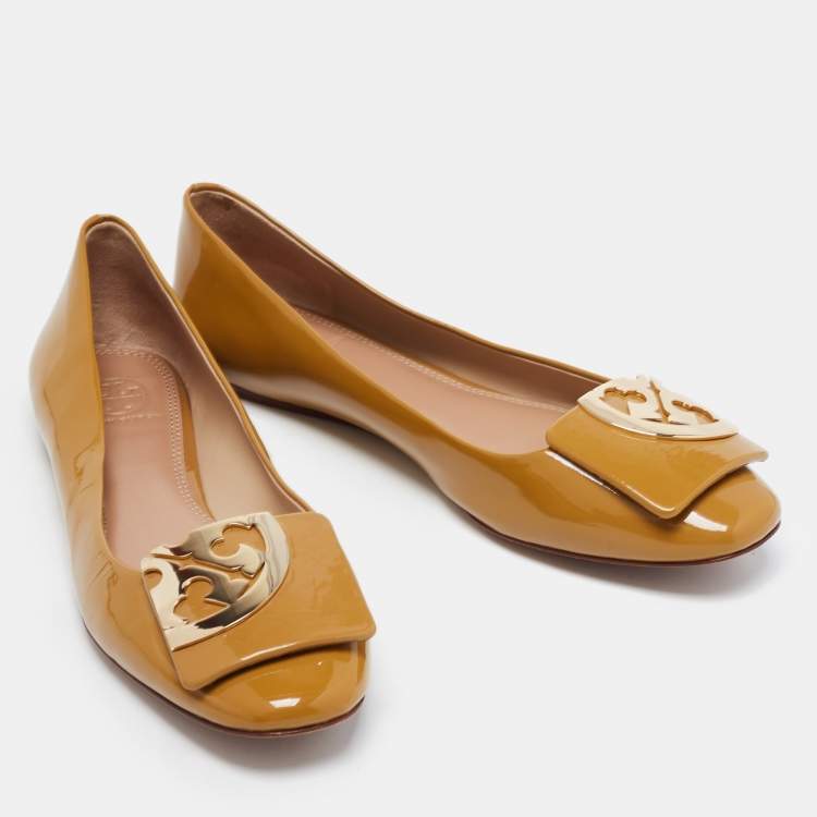 Pre Owned Tory Burch Brown Patent Leather Square Logo Ballet  Flats Size 39