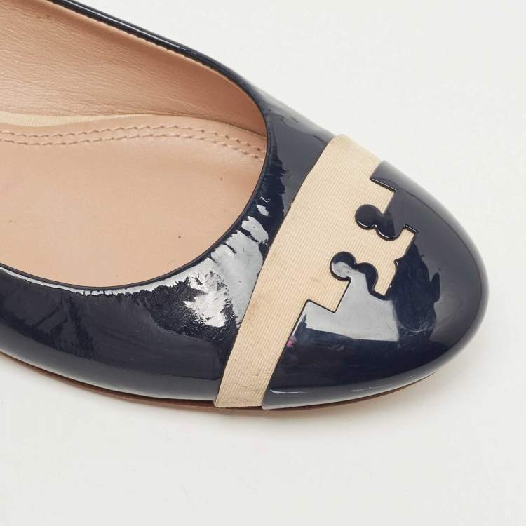 Pre Owned Tory Burch Navy Blue Patent Leather Gabrielle Ballet Flats Size 37.5