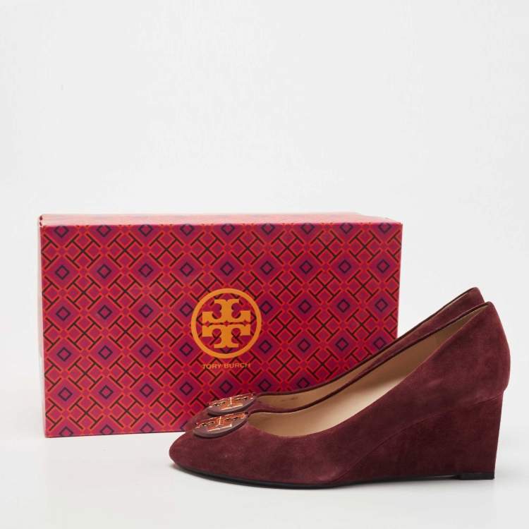 Pre Owned Tory Burch Burgundy Suede Luna Wedge Pumps Size 38.5 