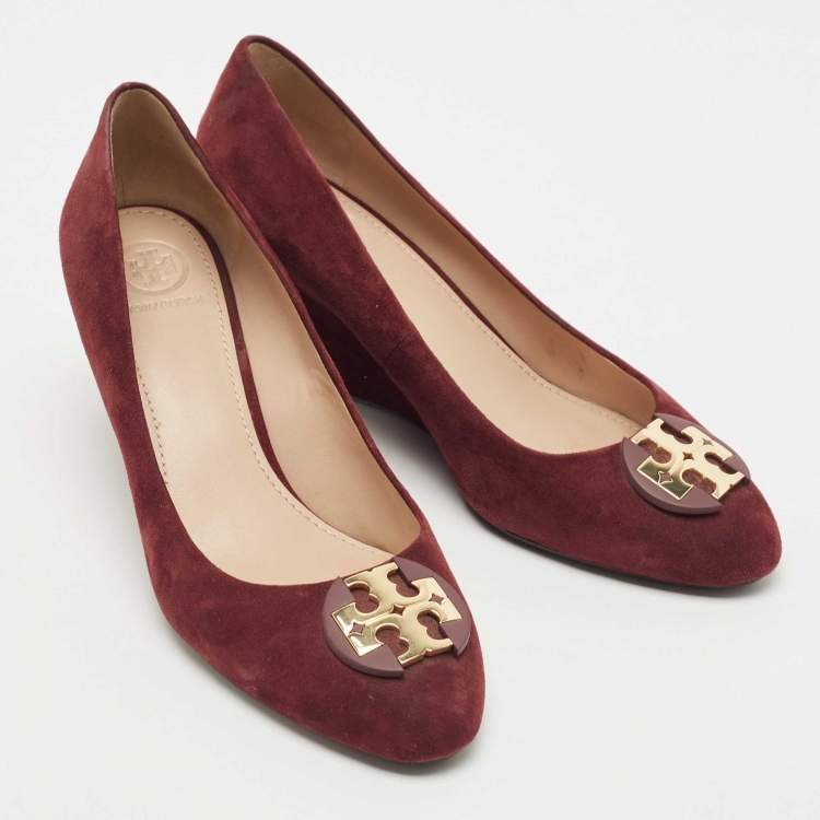 Pre Owned Tory Burch Burgundy Suede Luna Wedge Pumps Size 38.5 