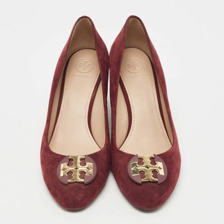 Pre Owned Tory Burch Burgundy Suede Luna Wedge Pumps Size 38.5 