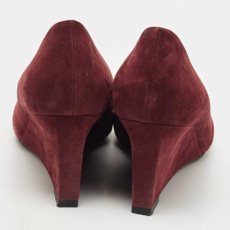 Pre Owned Tory Burch Burgundy Suede Luna Wedge Pumps Size 38.5 