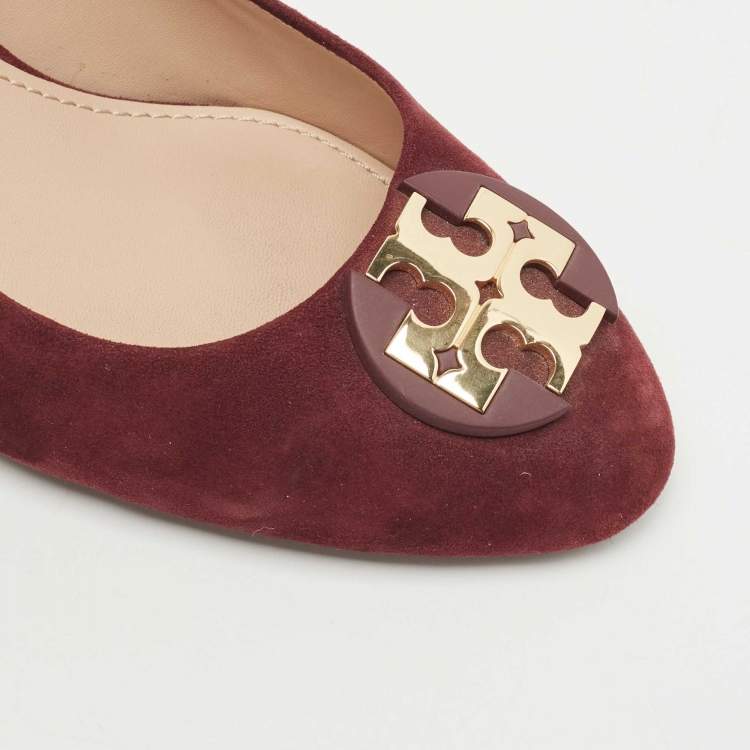 Pre Owned Tory Burch Burgundy Suede Luna Wedge Pumps Size 38.5 