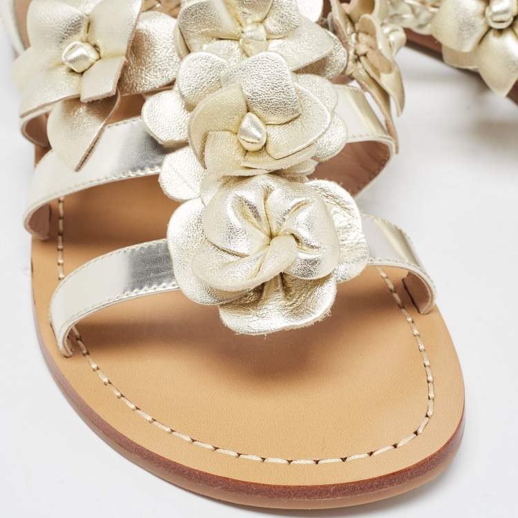 Pre Owned Tory Burch Metallic Gold Leather Blossom Floral Embellished Flat Sandals Size 39.5