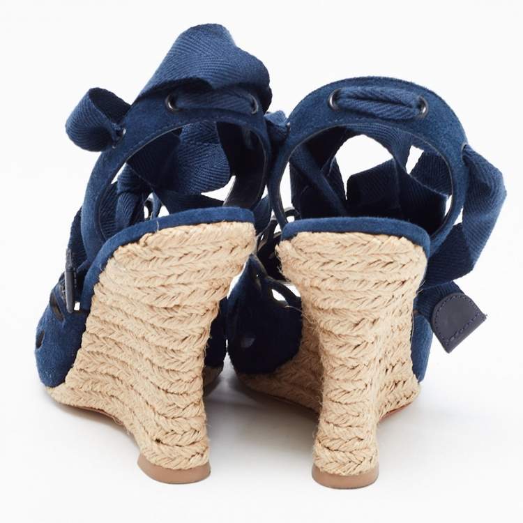 Pre Owned Tory Burch Navy Blue Laser Cut Suede Ankle Tie Wedge Sandals Size 36.5