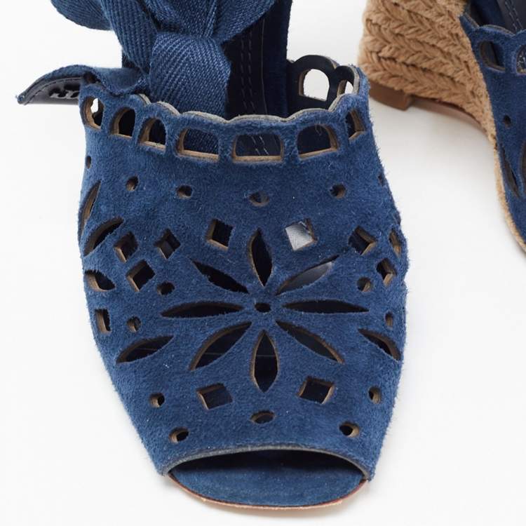 Pre Owned Tory Burch Navy Blue Laser Cut Suede Ankle Tie Wedge Sandals Size 36.5