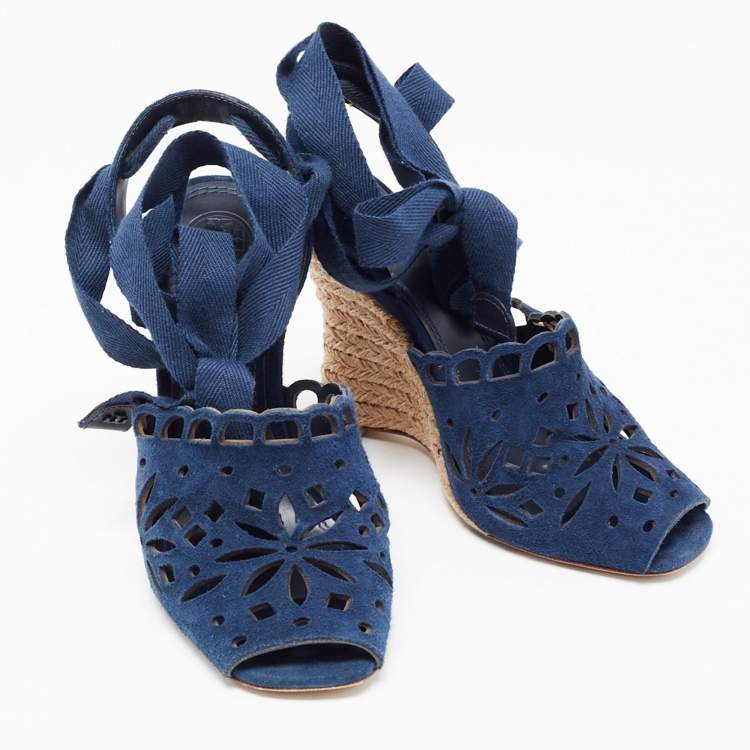 Pre Owned Tory Burch Navy Blue Laser Cut Suede Ankle Tie Wedge Sandals Size 36.5