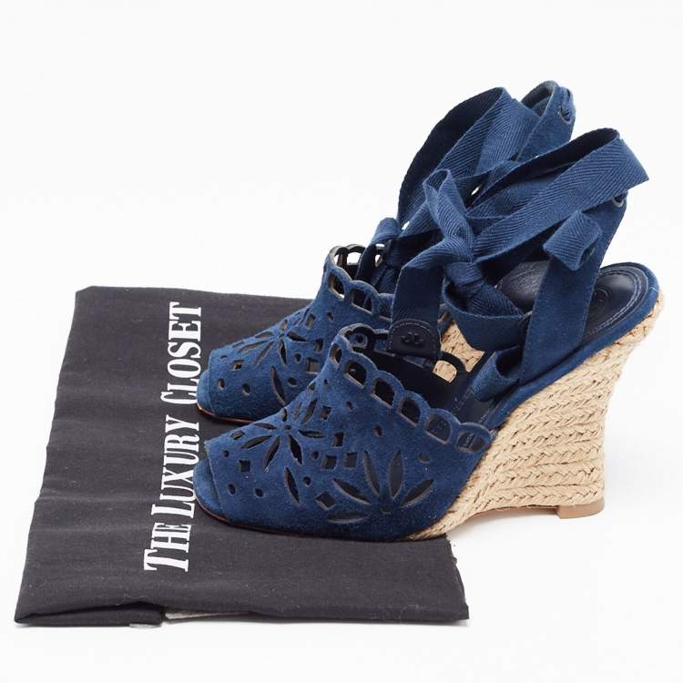 Pre Owned Tory Burch Navy Blue Laser Cut Suede Ankle Tie Wedge Sandals Size 36.5