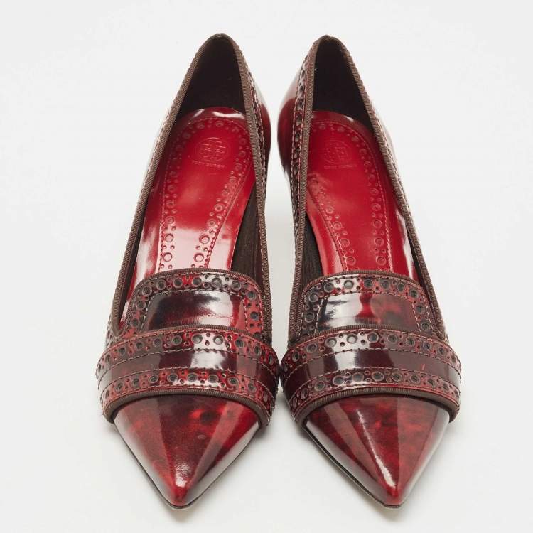 Pre Owned Tory Burch Red/Black Leather Eyelet Pointed Toe Kitten Heel Pumps Size 37.5
