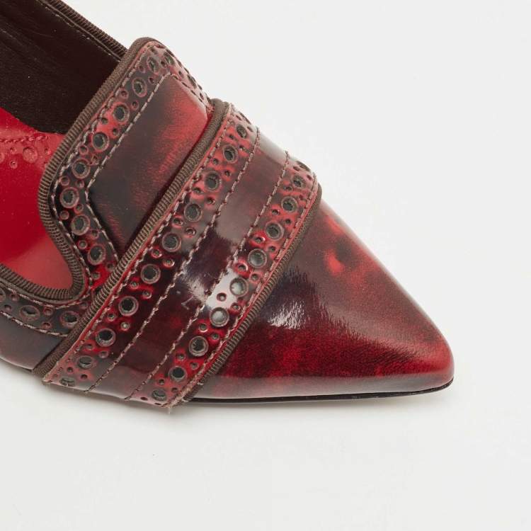Pre Owned Tory Burch Red/Black Leather Eyelet Pointed Toe Kitten Heel Pumps Size 37.5