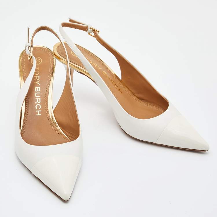 Pre Owned Tory Burch White Patent and Leather Penelope Slingback Pumps Size 39.5