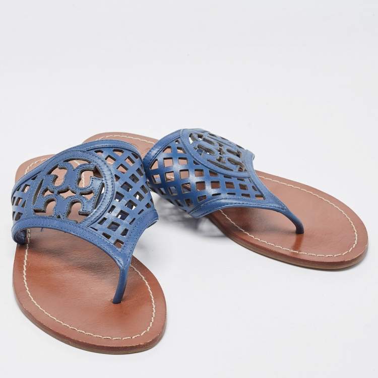 Pre Owned Tory Burch Navy Blue Lattice Leather Flat Thong Sandals Size 38