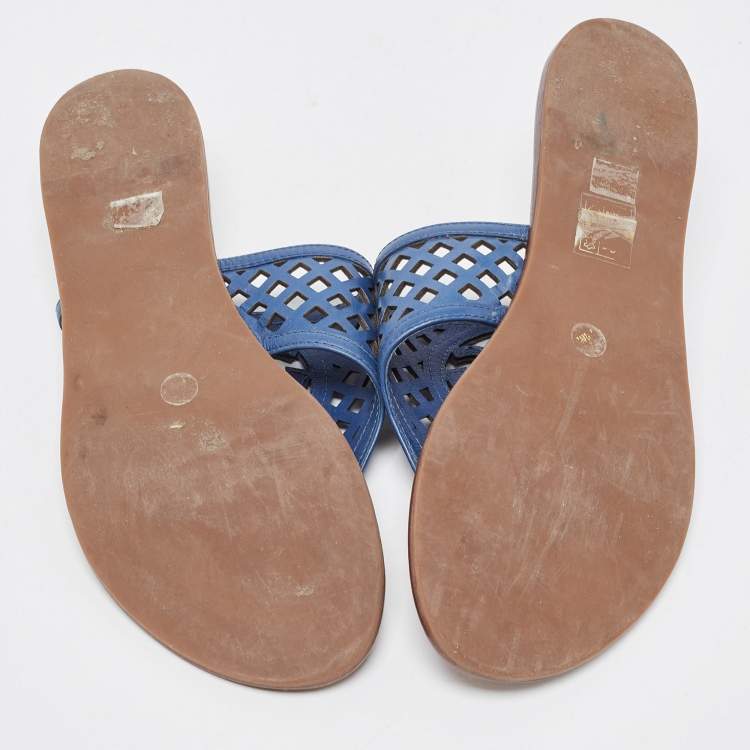 Pre Owned Tory Burch Navy Blue Lattice Leather Flat Thong Sandals Size 38