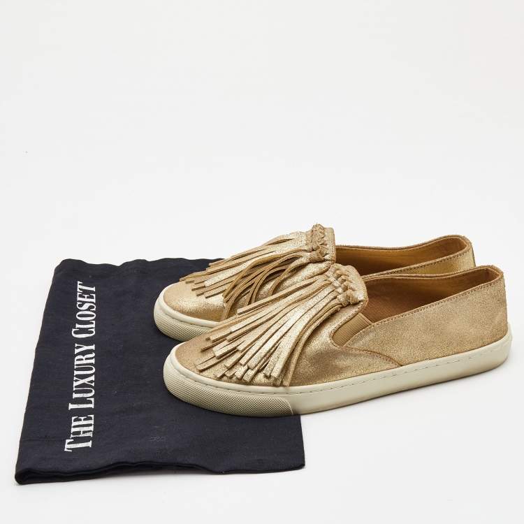 Pre Owned Tory Burch Metallic Gold Leather Fringe Slip On Sneakers Size 38.5