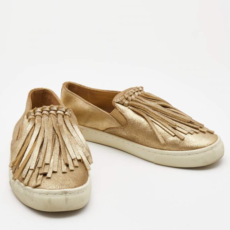 Pre Owned Tory Burch Metallic Gold Leather Fringe Slip On Sneakers Size 38.5