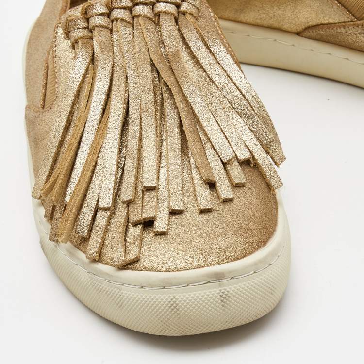 Pre Owned Tory Burch Metallic Gold Leather Fringe Slip On Sneakers Size 38.5