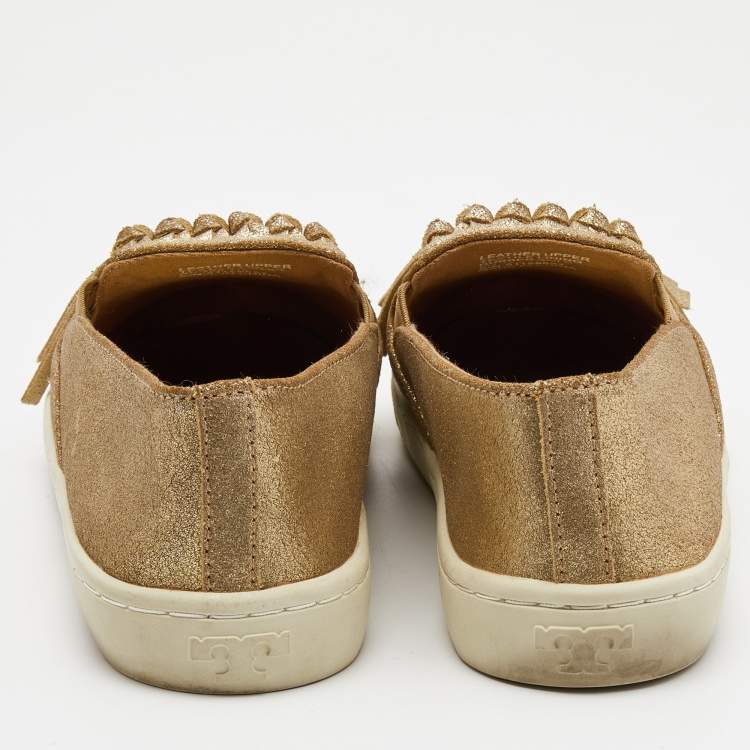 Pre Owned Tory Burch Metallic Gold Leather Fringe Slip On Sneakers Size 38.5
