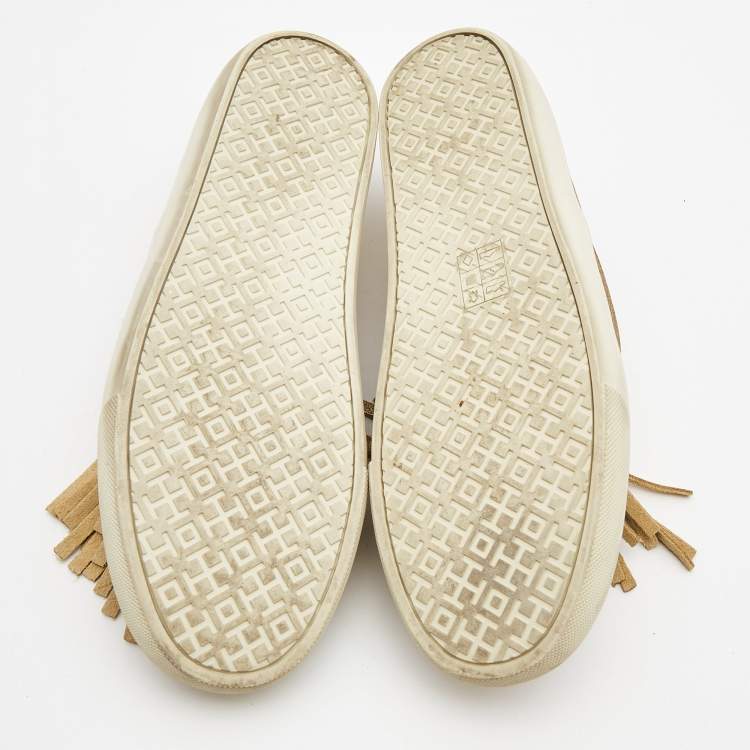 Pre Owned Tory Burch Metallic Gold Leather Fringe Slip On Sneakers Size 38.5