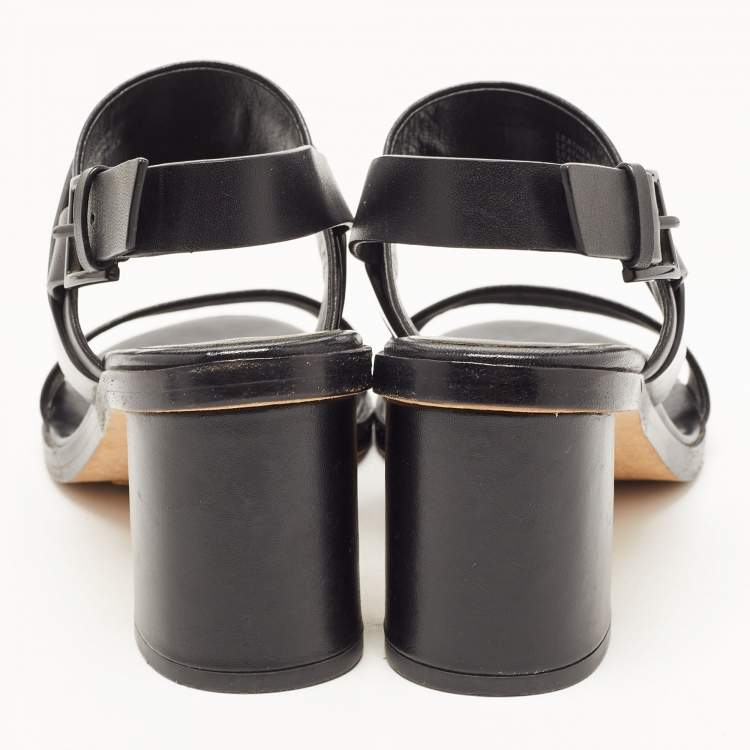 Pre Owned Tory Burch Black Leather Gigi Block Heel Slingback Sandals Size 37
