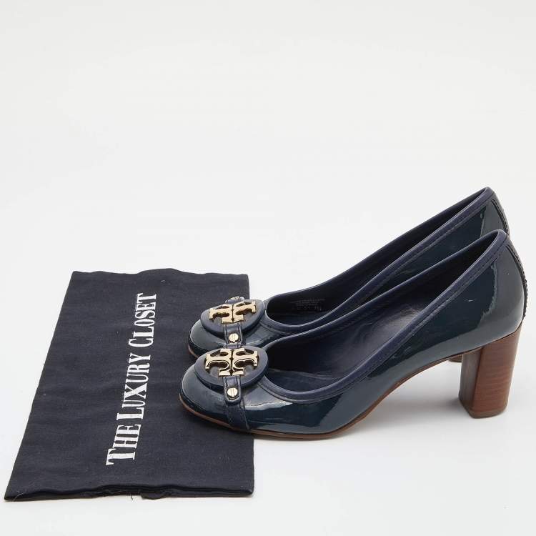 Pre Owned Tory Burch Blue Patent Leather Block Heel Pumps Size 37.5