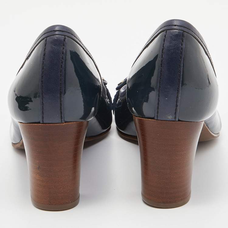 Pre Owned Tory Burch Blue Patent Leather Block Heel Pumps Size 37.5