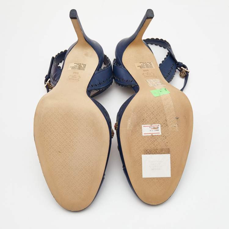 Pre Owned Tory Burch Blue Leather Floral Appliquéd Scalloped Marguerite Ankle Strap Sandals Size 39