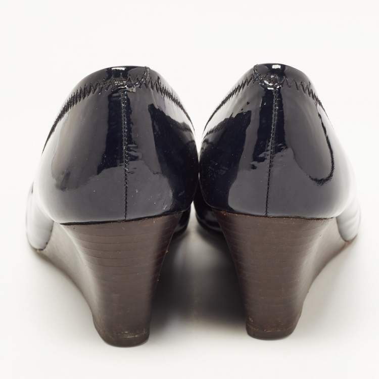 Pre Owned Tory Burch Navy Blue Patent Leather Wedge Pumps Size 36.5 