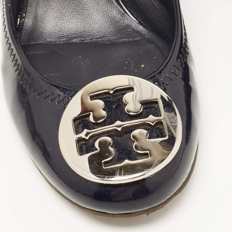 Pre Owned Tory Burch Navy Blue Patent Leather Wedge Pumps Size 36.5 