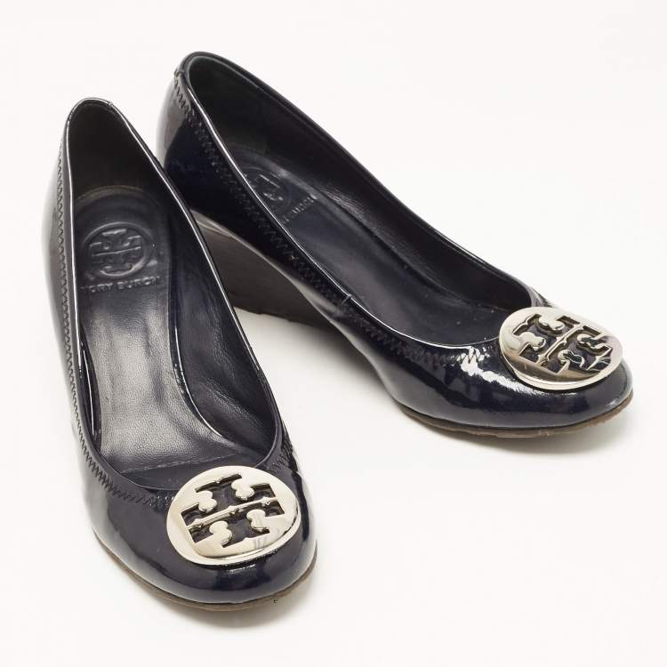 Pre Owned Tory Burch Navy Blue Patent Leather Wedge Pumps Size 36.5 