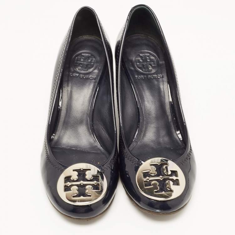 Pre Owned Tory Burch Navy Blue Patent Leather Wedge Pumps Size 36.5 