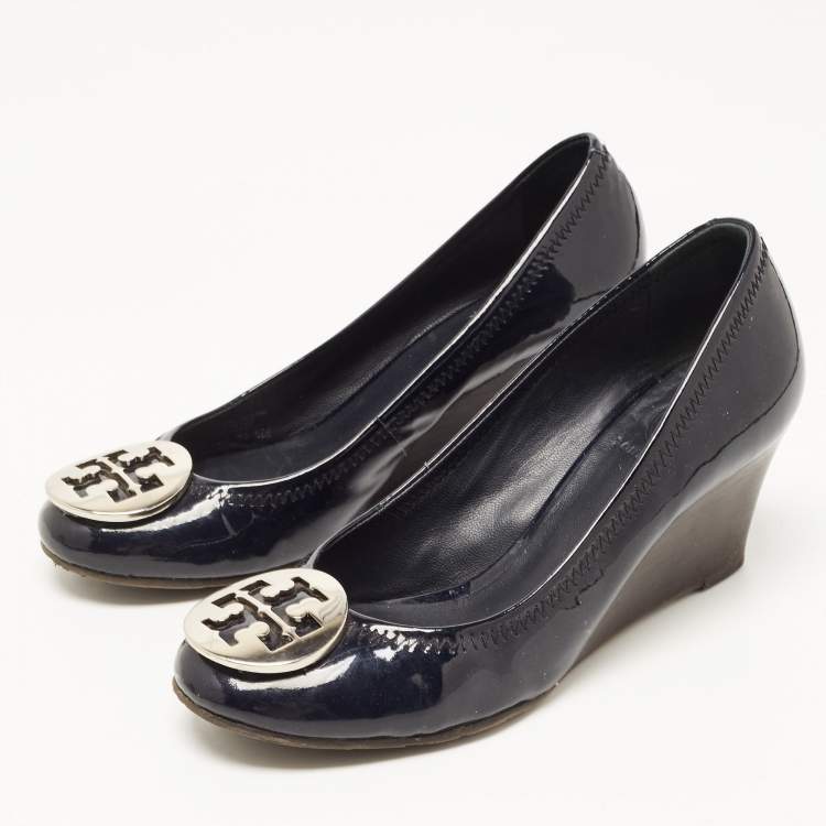Pre Owned Tory Burch Navy Blue Patent Leather Wedge Pumps Size 36.5 