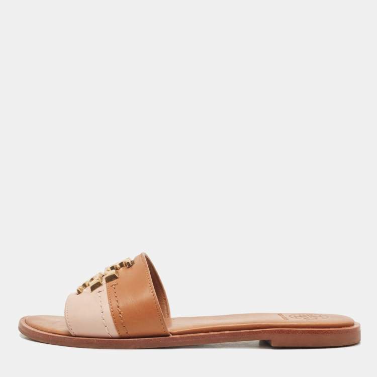 Pre Owned Tory Burch Brown/Beige Leather Everly Slide Flats Size 35.5