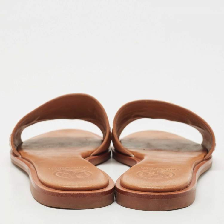 Pre Owned Tory Burch Brown/Beige Leather Everly Slide Flats Size 35.5