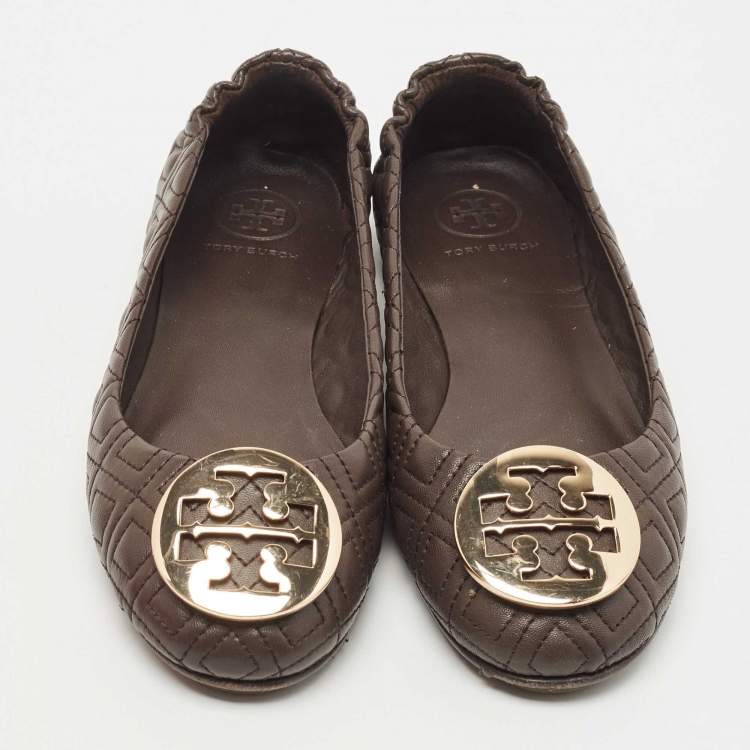 Pre Owned Tory Burch Brown Leather Scrunch Ballet Flats Size 35.5