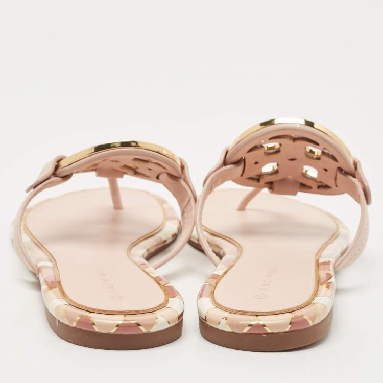مملوكة مسبقًا Tory Burch Pink Leather Enamel Logo Miller Thong Flats Size 40