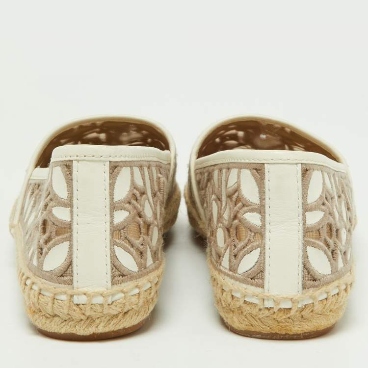 Pre Owned Tory Burch White/Grey Embroidered Leather Rhea Espadrille Flats Size 38.5