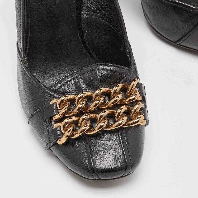 Pre Owned Tory Burch Black Leather Hana Metal Chain Block Heel Pumps Size 38.5